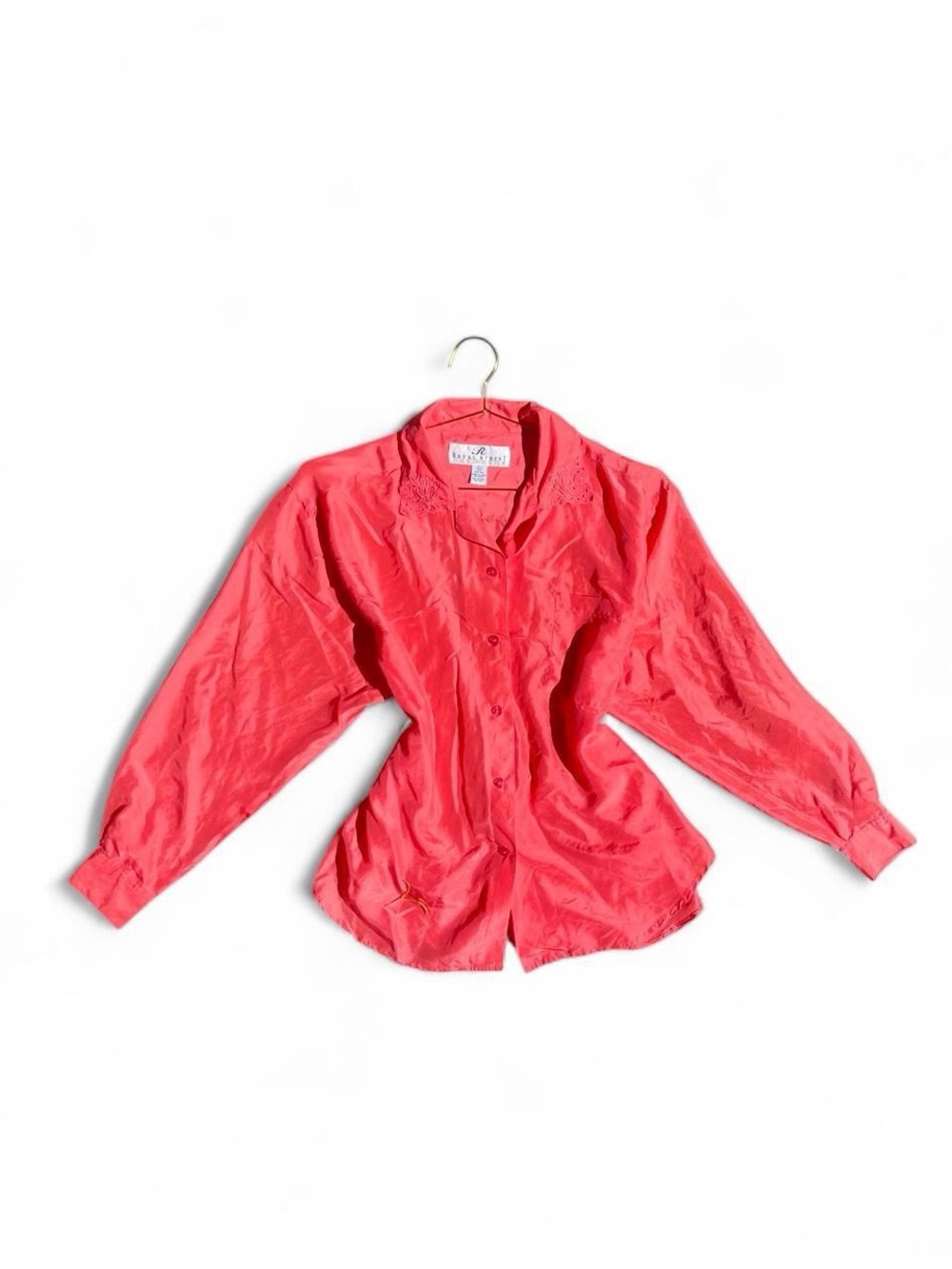 Vintage Royal Regent 100% Silk Coral Embroidered Button-Up Blouse L Y2K